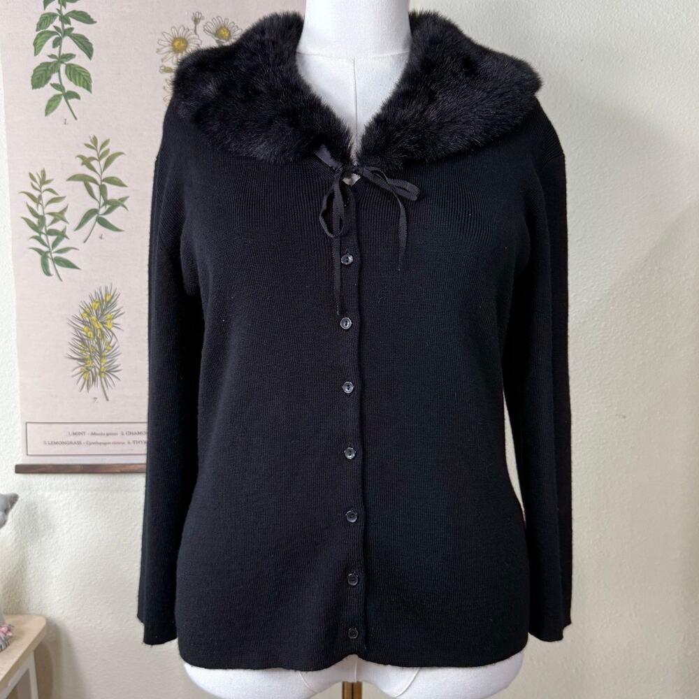 90s Y2k Faux Fur Collar Cardigan Sweater Dark Coquette Romantic Goth Old Money L